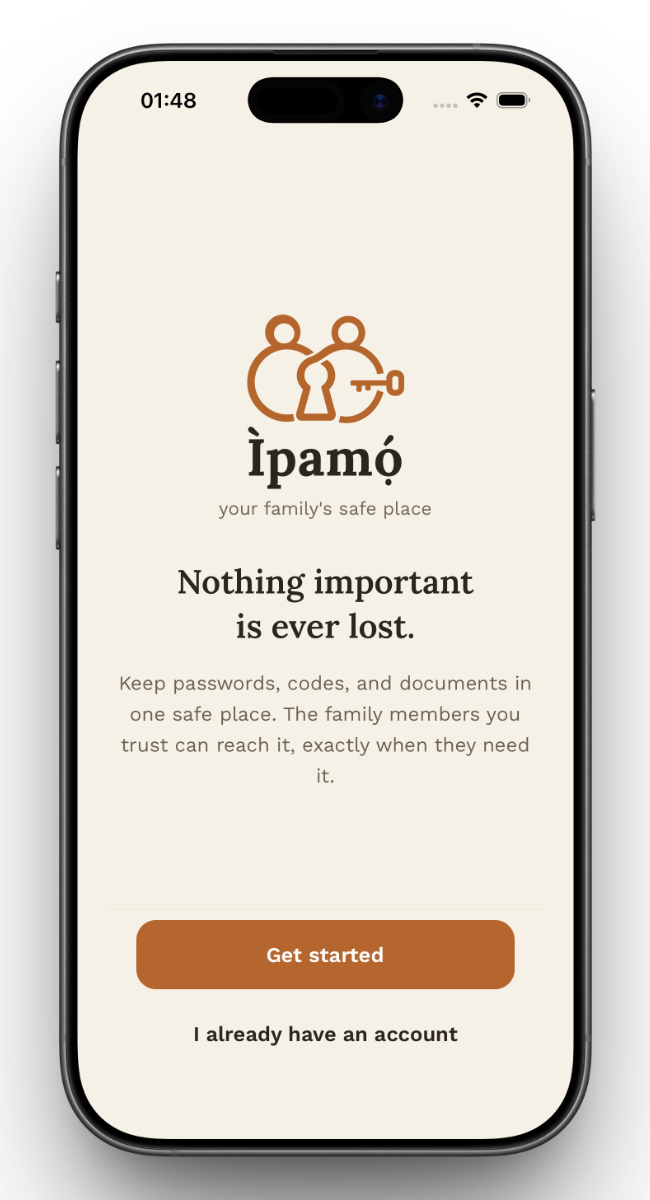 Ìpamọ́ app welcome screen shown on a phone